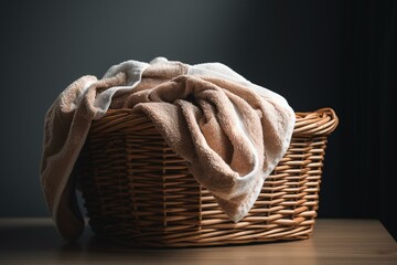 Clean towels in a wicker basket on white background. Generative AI - obrazy, fototapety, plakaty