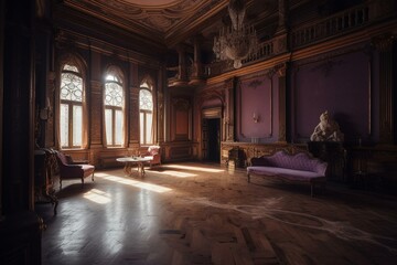 A luxurious palace interior adorned in gold and violet shades. Generative AI