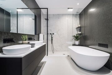 Fototapeta na wymiar A modern white and black bathroom with shower, bathtub, toilet, bidet and two sinks with a large mirror. Generative AI