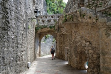 Fortress wall in Kotor. Kotor is a beautiful historic city on the Unesco list. Silhouettes of...