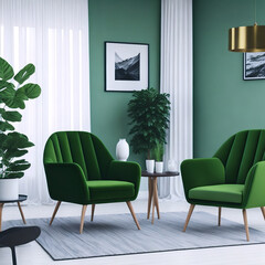 Home interior  with green armchairs, table and different types of decor in living room