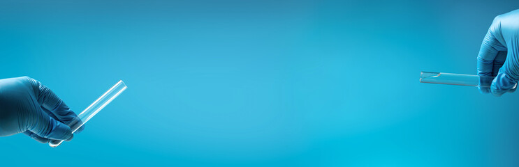 Fototapeta premium Transfuse liquid from one tube into laboratory test glass tube, nobody. Blue tone Long banner.