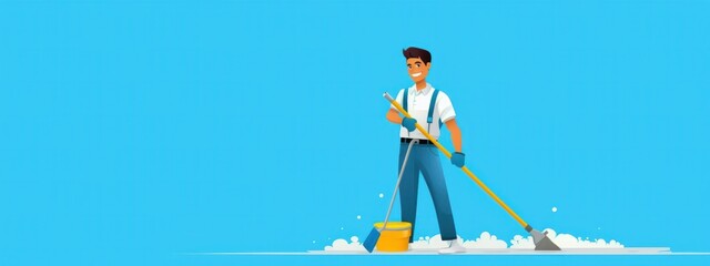 minimalistic illustration professional man cleaner in uniform, office home cleaning services, banner
