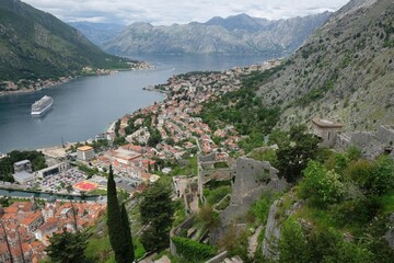 Panorama of Kotor from ancient fortress wall, Montenegro. Kotor is a beautiful historic city on the...