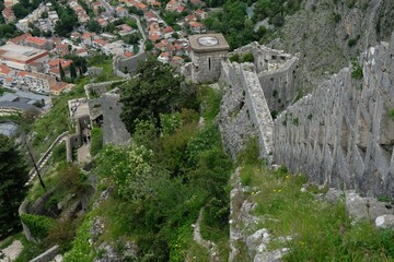Fototapeta na wymiar Fortress wall in Kotor, Montenegro. Kotor is a beautiful historic city on the Unesco list.