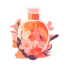 Scented flower petals in pink liquid bottle