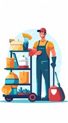 janitor cleaner in uniform with cleaning equipment, office home cleaning services company