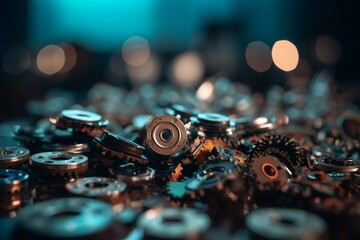 Pile of electronic cogs on unfocused backdrop. Generative AI