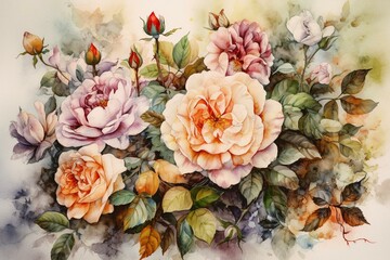 Watercolor floral artwork on paper. Generative AI