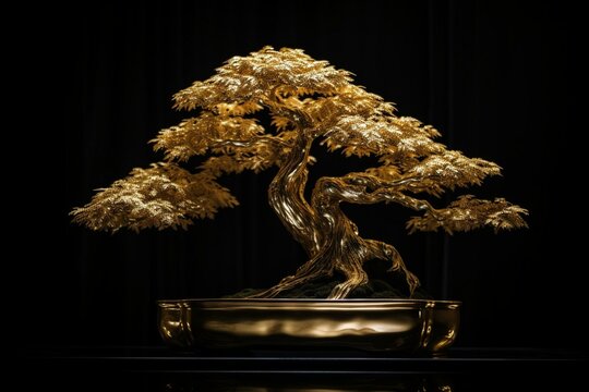 Gleaming Gold Bonsai On Black Art Background. Generative AI