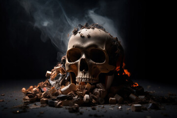 A human skull surrounded by smoke and cigarettes, warning of the hazards of tobacco use on No Tobacco Day, beautifully captured by AI Generative.