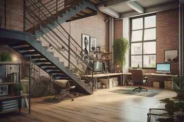 Modern loft office design with equipment and furniture. Rendered in 3D. Generative AI