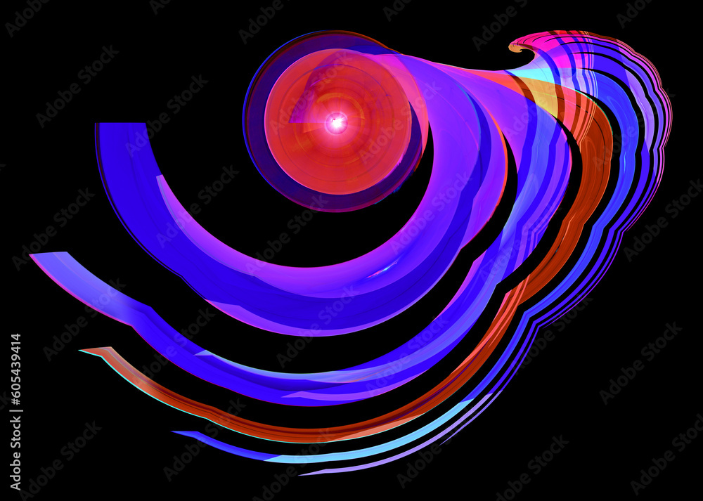 Poster blue and red arcuate veins radiate from a circle on a black background. graphic design element. 3d r