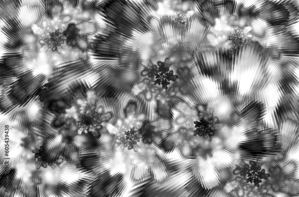 Poster monochrome patterns of flowers and rays. abstract fractal background. 3d rendering. 3d illustration.