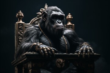 Fototapeta na wymiar An ape sits on a throne with two crowns. A symbol of power and authority. Generative AI