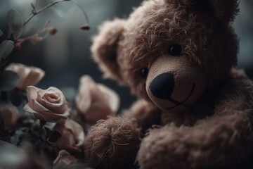 Adorable teddy clutching a floral heart. Generative AI