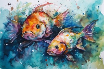 Colorful imaginative watercolor painting of fishes. Generative AI