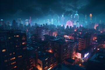 Imagined metropolis with vibrant neon hues. Digital rendering. Generative AI