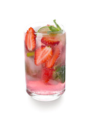 Glass of fresh strawberry mojito isolated on white background