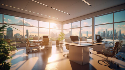 An Office Scene with Windows Looking to the City, in the Style of Golden Light, Generative AI