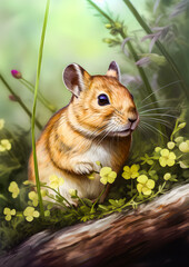 Illustration of a pika mouse sitting between blossoming branches