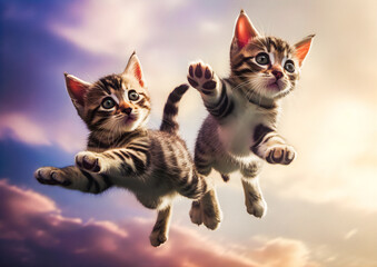 Epic flying kitten, super cute, fluffy cats hovering in the sky, if cats could fly