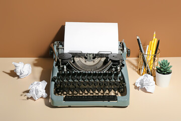 Vintage typewriter with stationery holder, houseplant and crumpled papers on beige table near brown wall