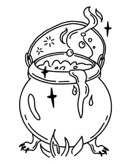 Hand drawn design of witch cauldron with feet bubbling potion in doodle style