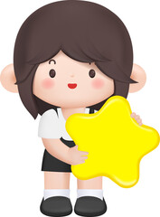 3d Cute girl holding star pose in businesswoman office worker employee style. PNG cartoon design.