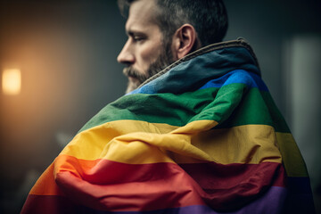 Close-up portrait of a bearded man with a rainbow LGBT flag. Generative AI
