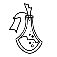 Hand drawn line art of potion bottle with label in doodle style