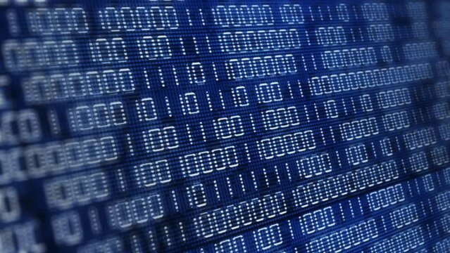 Electronic screen with changing binary code. Blue computer display with flickering dots and pixels. Illumination of ones and zeros. Abstract animation with blurred background.