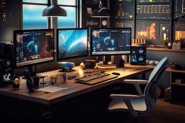 Tech-savvy creative business desk with multiple monitors, cutting-edge gadgets, and a variety of digital tools, highlighting a tech-driven and innovative workspace Generative AI