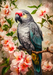 Illustration of a colorful parot sitting between blossoming branches
