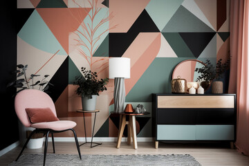 Very cozy retro vintage interior background. Chairs, shelves, plants and other furniture placed in room with beautiful colorful wall with various geometric shapes pattern copy space. Generative AI