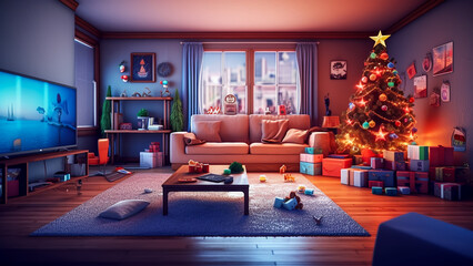 Fototapeta na wymiar Cozy Christmas Scene in a Living Room with Tree, Generative AI