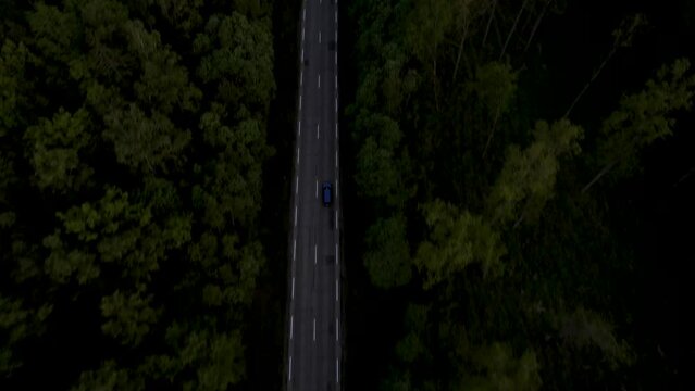 Areal drone footage of car driving in summer forest 
