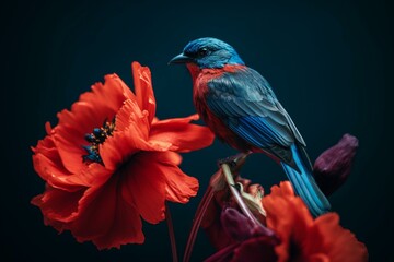 A blue bird perched on a red flower. Generative AI