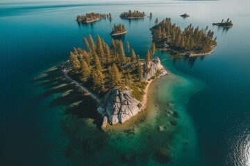 A bird's eye view of a lush isle in an oceanic expanse adjacent to Lake Tahoe. Generative AI