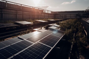 Solar panels harnessing sunlight on a rooftop. Generative AI