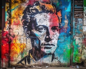 Fototapeta premium Colorful and cryptic graffiti street art depicts fresco portrait. (Generative AI)