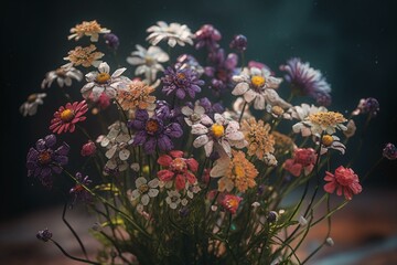 An illustrated bouquet of stunning wild flowers against a blurred background. Generative AI