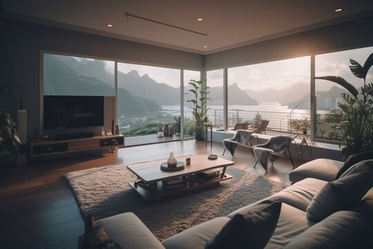Spacious living room with a large window creating a holiday vibe of Hawaii. Futuristic and ultra-realistic with an anamorphic cinematic light. Generative AI