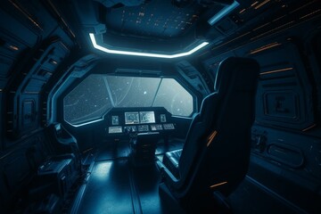 Blue spacecraft interior with vacant window, 3D rendered elements. Generative AI