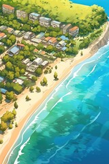 Coastal town with sandy beach, azure water, lush trees. Generative AI