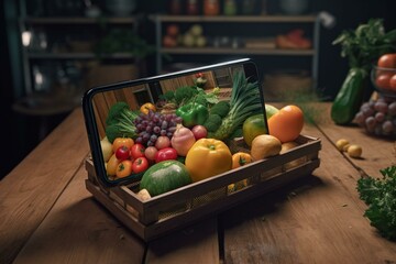 Online grocery shopping with fresh produce in a virtual basket displayed on a smartphone. Generative AI