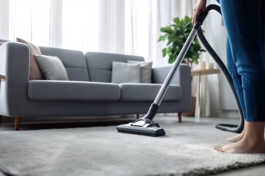 A close-up image of a young maid using a vacuum cleaner to clean a carpet at home.