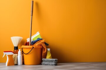 cleaning mop and bucket of cleaning supplies bottles orange background. Cleaning services company