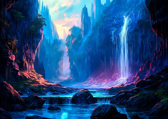 Ethereal fantasy landscape with crystal clear blue water and waterfalls, golden hour, warm atmosphere