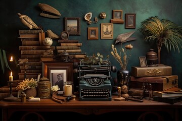 Vintage-inspired creative business desk with antique typewriters, retro cameras, and vintage artwork, embodying a sense of nostalgia and creative inspiration - Generative AI